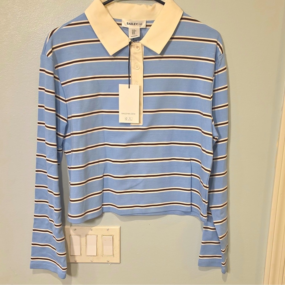 Bailey/44 Blue White Brown Striped Knit Collared Button Long Sleeve Polo M #433